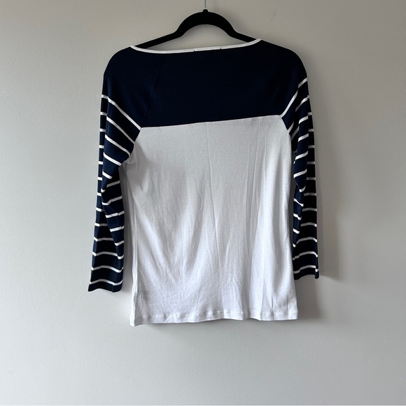 Lauren Ralph Lauren Women's LRG Top Nautical Navy Blue White striped Gold Button - Picture 7 of 8